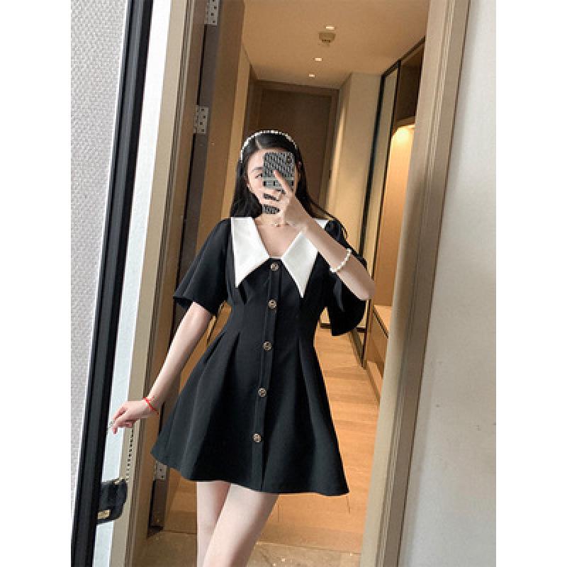 

2024 Plus Size Petite Black Doll Collar Waist-Cinching Slim Dress M