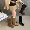 Soft Leather~ Thick-soled Western Cowboy Pleated Piled Boots Women's Autumn and Winter Retro Knight Martin Boots Thick Heel Trouser Tube Short Boots