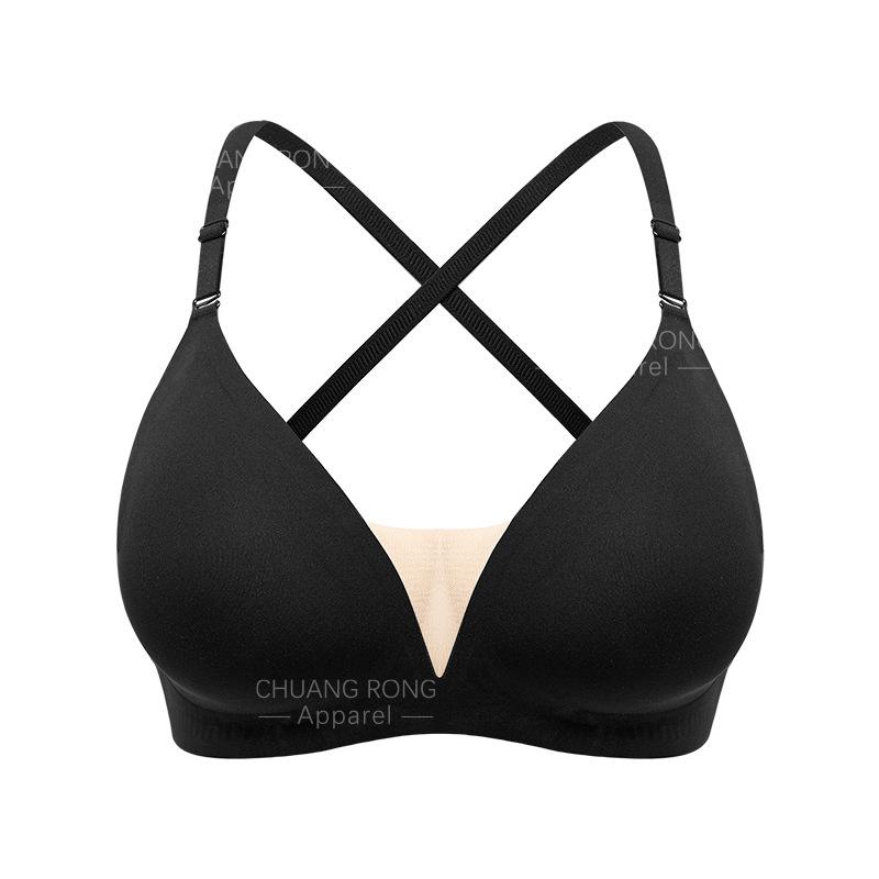 

Sexy seamless deep V-neck mesh stitching seamless cross beautiful back breathable backless gathering steel rimless underwear bra S чёрный