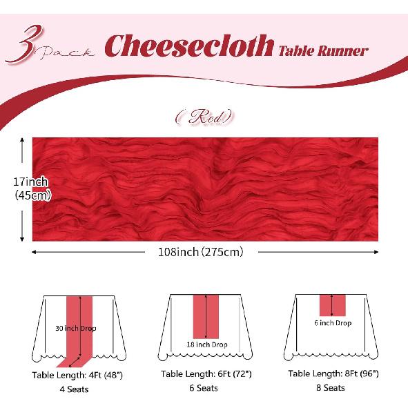 3 Pack Red Cheesecloth Table Runner, 17 x 108 inch, Semi Sheer Boho Cheese Cloth Fabric Table Runner Bulk for Wedding, Birthday, Party, Holiday, Home