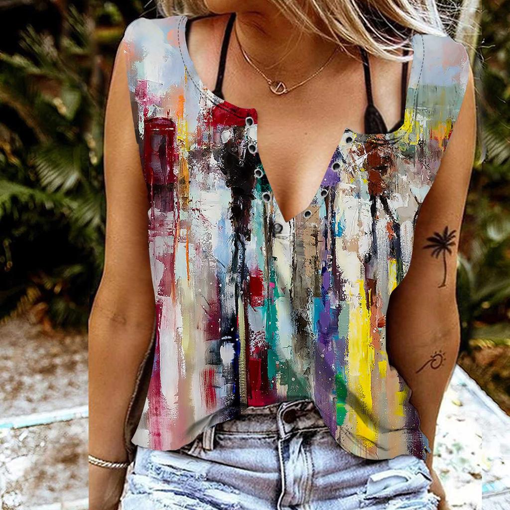 Women Tanks Sexy V Neck Sleeveless Summer Tops Vest 3D Cross Pattern Print Cool Lightweight Tops