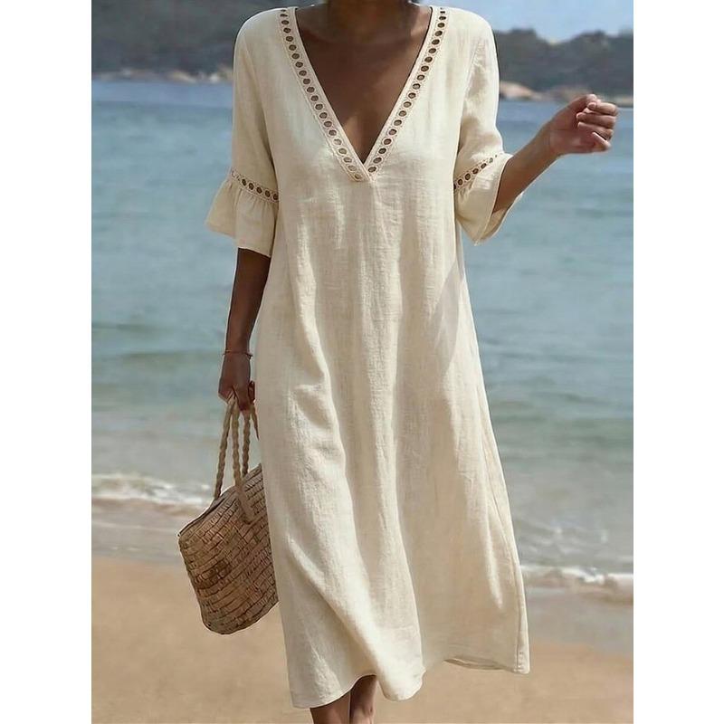 QICED Fashion Summer Spring Short Sleeve V-Neck Casual Dresses