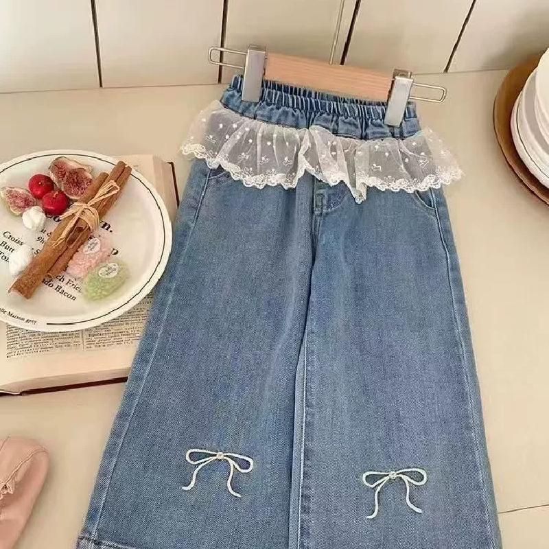 Girls Stitching Denim Pants with Lace Embroidered Bow Jeans Children Clothes Kids Straight Legged Pants Loose Trousers 2-8Y