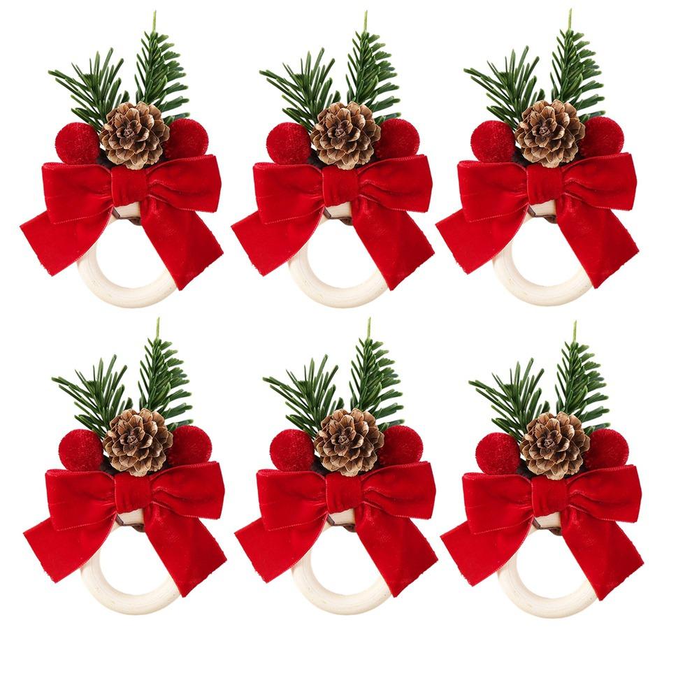 6PCS Pinecone Red Bow Napkin Rings Artificial Berry Napkin Holders Holiday Dinner Party