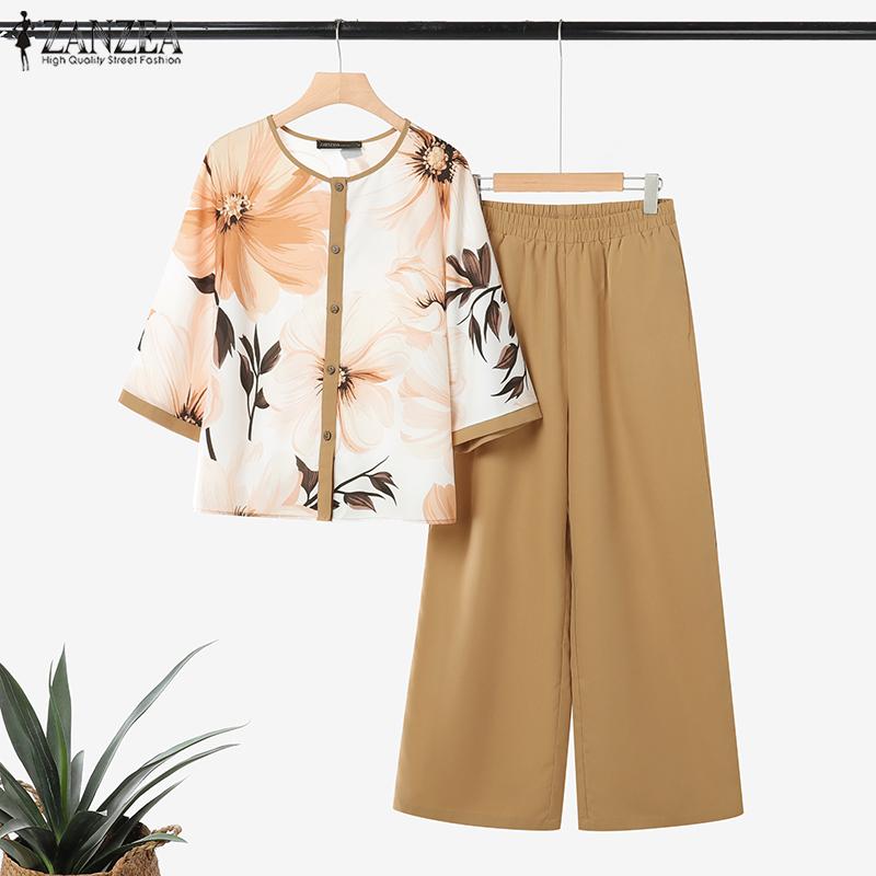 ZANZEA Women 3/4 Sleeve Print Blouse and Pants Casual Two Piece Suit Sets