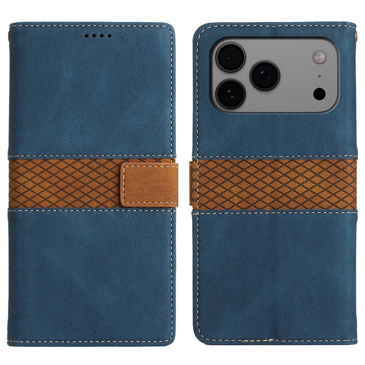 

For iPhone 17 Pro Max Case Grid Splicing Stand Wallet Leather Phone Cover Blue