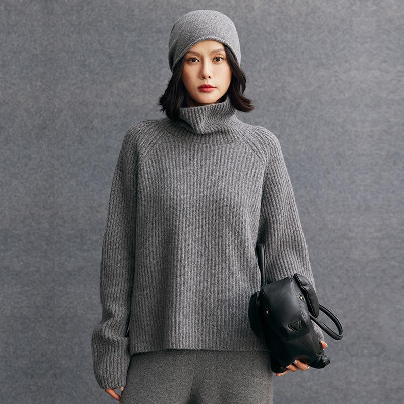 Women's High Neck Ribbed Knit Cashmere Sweater - Autumn/Winter Raglan Sleeve, Thickened Base Layer, Lazy Style