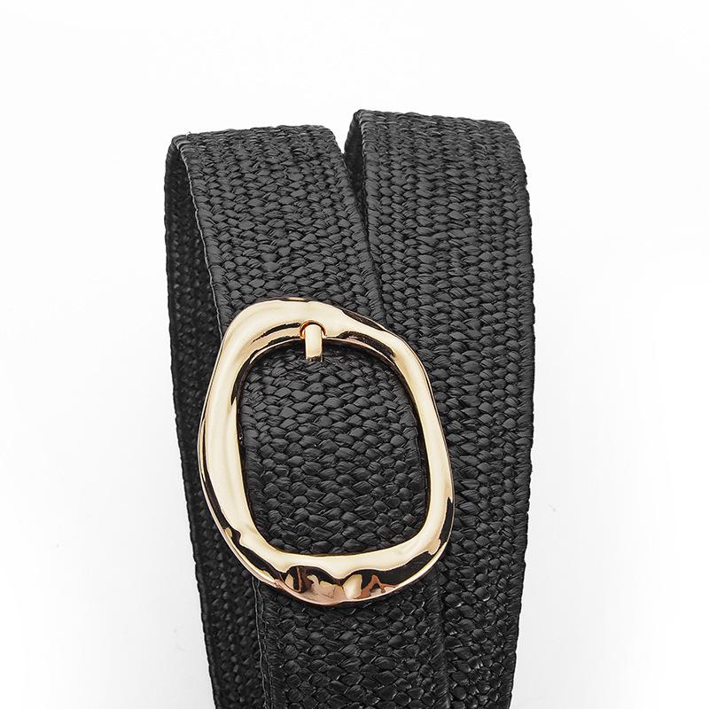 Women's Elastic Woven Straw Belt with Egg Shape Alloy Buckle - Retro Casual Design