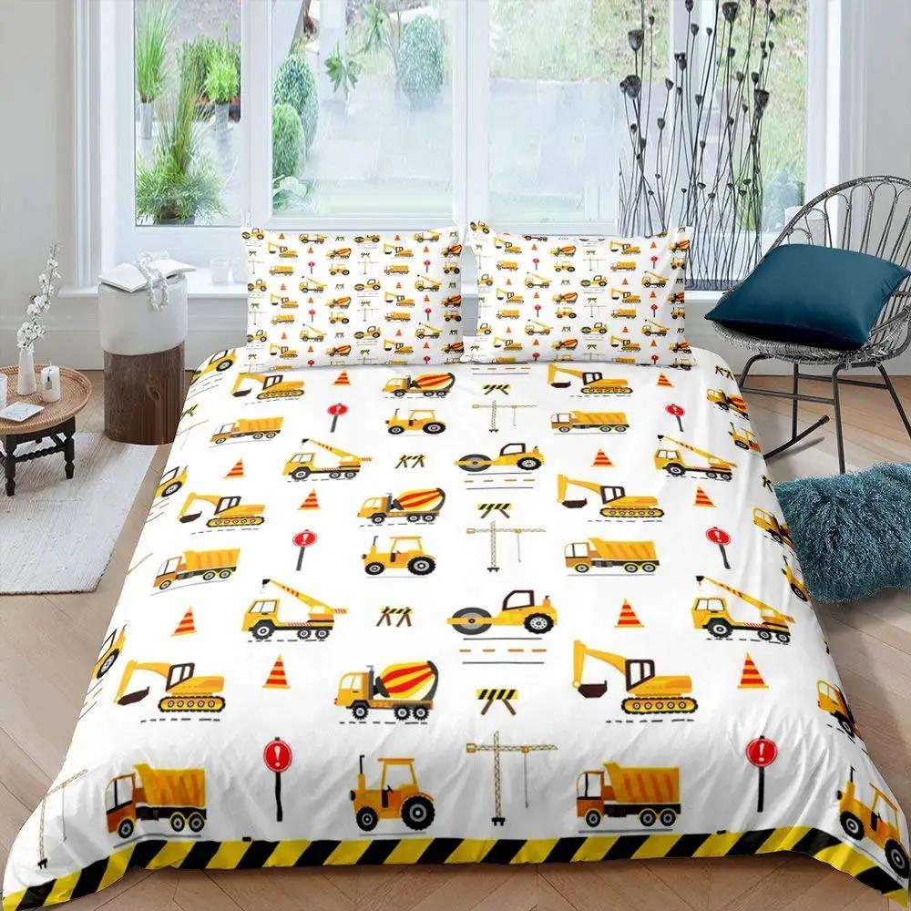 Cartoon Tractor Trucks King Queen Duvet Cover Construction Vehicle Bedding Set Excavator Quilt Cover Polyester Comforter Cover