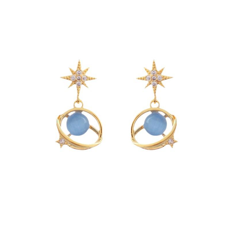 2024 Universe Galaxy Zircon 925 Silver Blue Cat's Eye Stud Earrings for Women