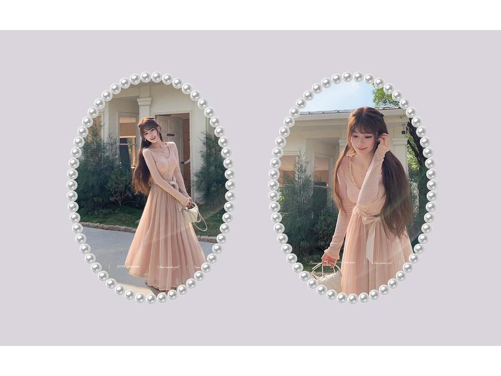 Sweet Narcissus Camellia Knit Dress with Lace Ruffle Collar & Flowy Gauze Skirt