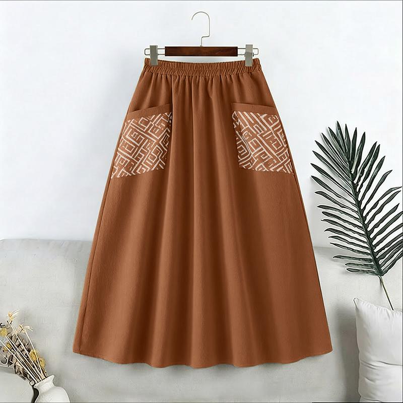 ZANZEA Vintage Women Elastic Waist Floral Print Patchwork Skirts Pleated Dress S хаки