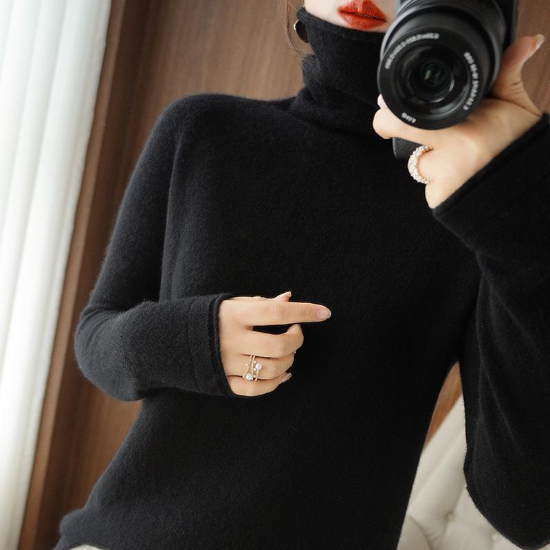 Women's High Neck Knit Sweater: Long Sleeve, Solid Color, Loose Fit, Stylish Autumn/Winter Base Layer