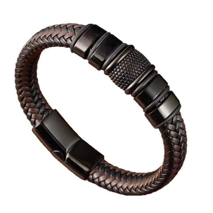 Brățară Europeană și Americană pentru Bărbați din Piele Împletită cu Cataramă Magnetică din Oțel Titan