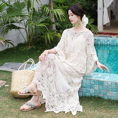 DIMANAF 2025 Women New Suit Skirt Knitting Beach Short Sleeve Lace Hollow Out Sexy O-Neck Hollow Summer Style Tops Tees Loose Basic