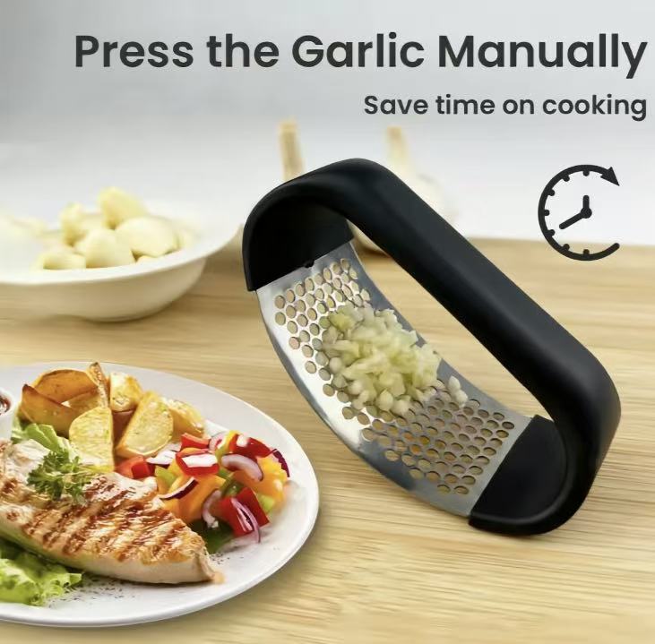 Stainless Steel Garlic Press - Easy Clean Durable Kitchen Gadget for Chopping Crushing Garlic Black