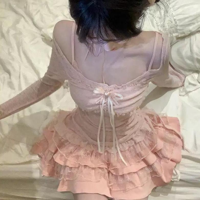 Summer new ballet lace suspender dress women's lace-up long-sleeved T-shirt blouse temperament two-piece set