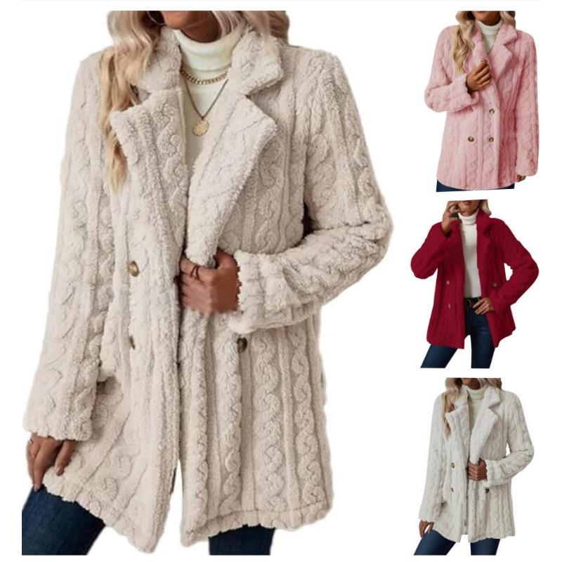 Women S Plush Double Breasted Mid Length Coat Notched Lapel Casual Warm Outerwear