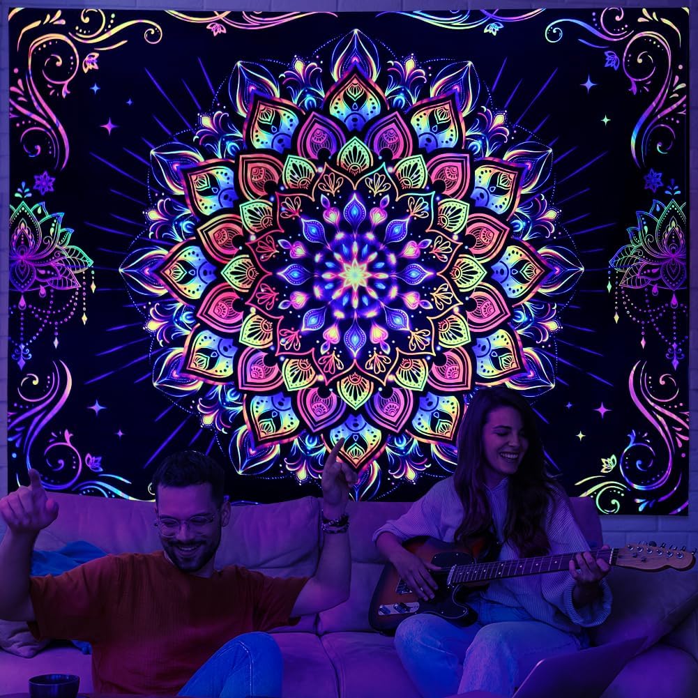 Amtoodopin Blacklight Mandala Tapestry UV Reactive Psychedelic Neon Tapestry Hippie Indian Bohemian Wall Tapestries Aesthetic Floral Tapestries Wall