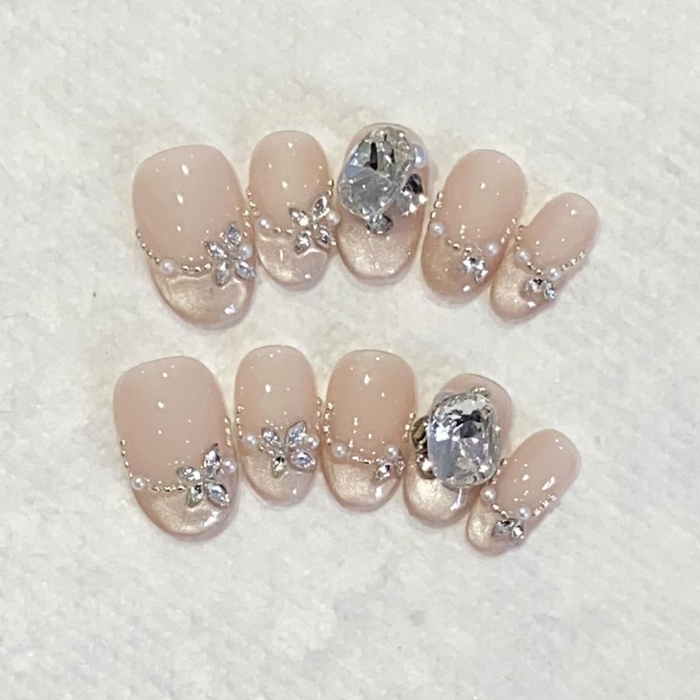 10Pcs French Handmade Press On Nails With Pink Rhinestone Design Artificial False Nail Tips