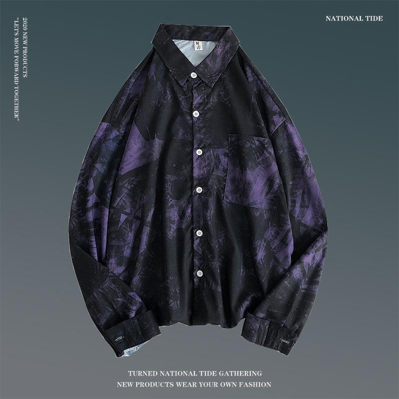 Camicia da Uomo Floreale Retro a Maniche Lunghe per la Primavera - Stile Coreano, Trendy, Versatile, Vestibilità Ampia, Top Stile Coppia Hong Kong.