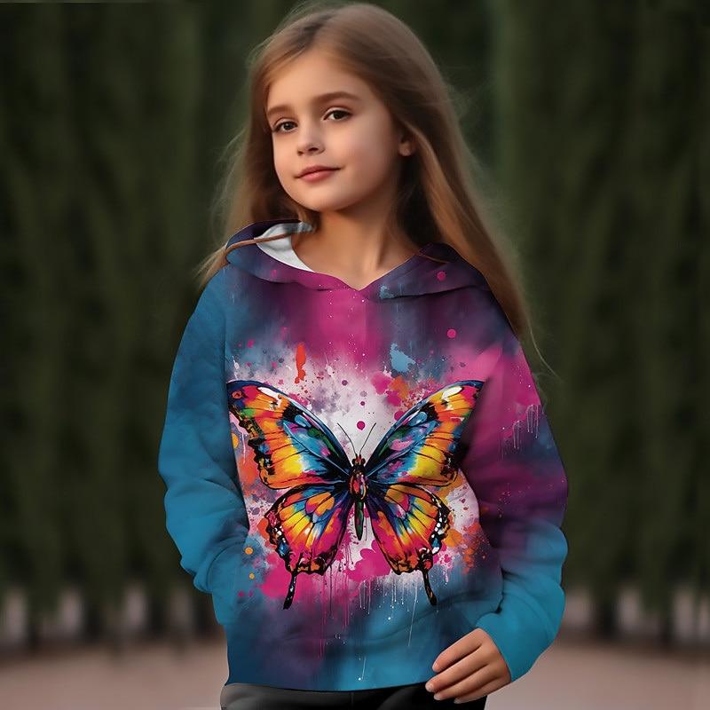 

Girls 3D Butterfly Hoodie Pullover Long Sleeve 3D Print Fall Winter Active Fashion Cute Kids 3-12 Years Outdoor Casual Daily Regular Fit 110cm