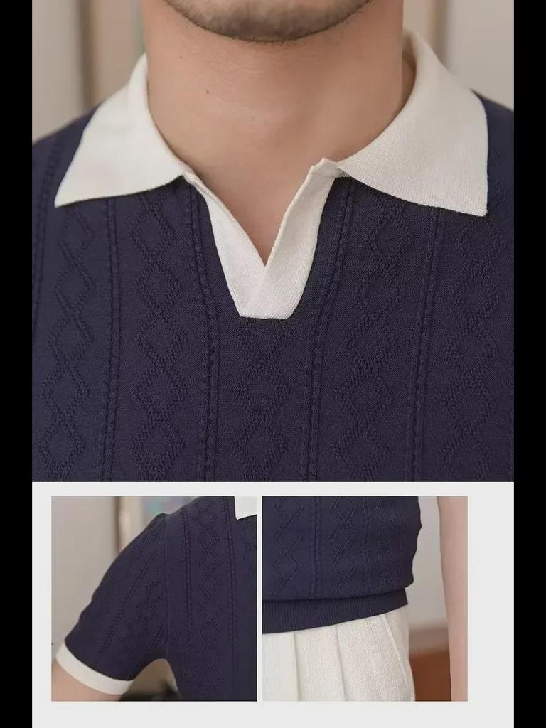 Trendy Italiaanse Kleurblok Polo voor Heren: Lichtgewicht, Ademend, Slim Fit, V-kraag, Jacquard Gebreide Korte Mouw