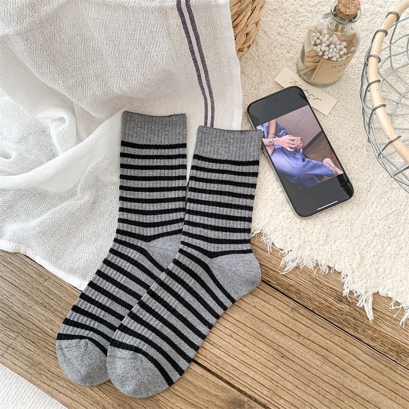 Autumn and Winter Mid-calf Socks for Women, Casual Striped School Style Warm Socks, Comfortable and Soft Pile Socks