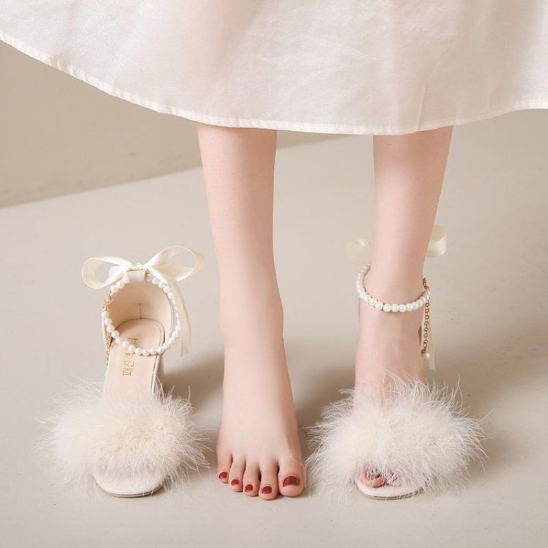 Fashion Women's Sandals White Bow Block Pearl Ladies Shoes Heel Comfortable and Elegant Summer 2025 Vintage Designer Korea Comfort Vip