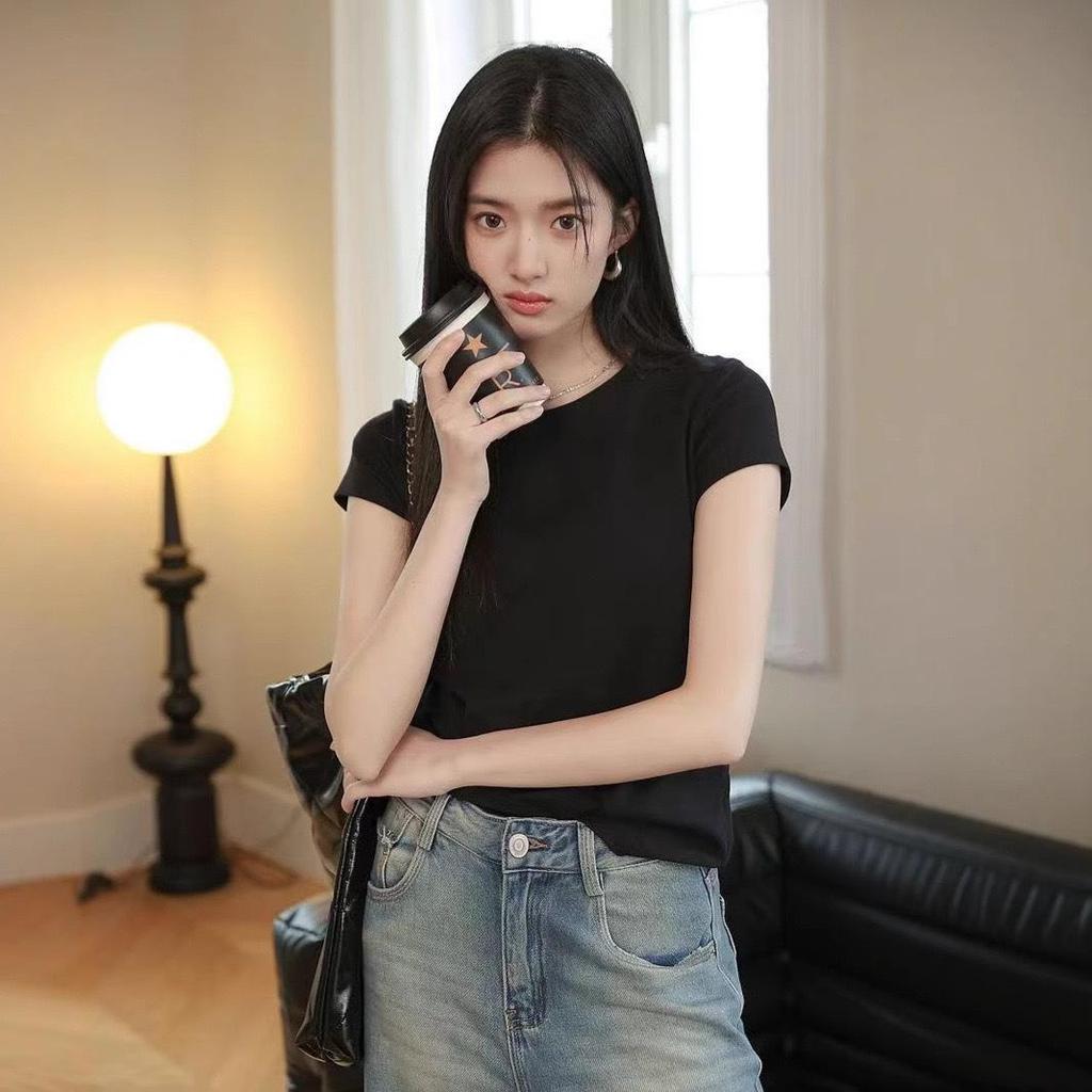 2025 Korean Style Slim Fit Solid Color Short Sleeve T-Shirt for Women