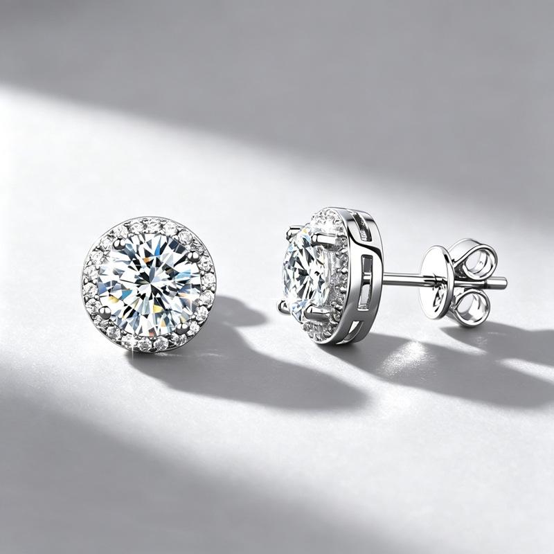 Moissanite Starry Sky Round Halo Stud Earrings, 1 Carat, S925 Sterling Silver, Light Luxury Hip Hop Design for Men.