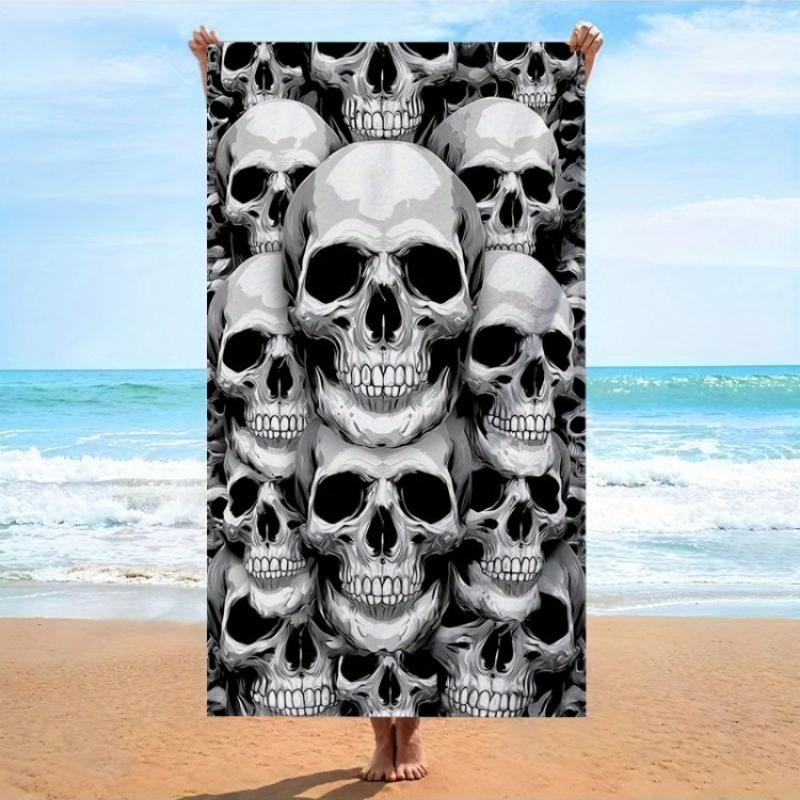 

1pc Detailed Human Skull Pattern Beach Towel Monochromatic Black and White Symmetrical Design Bath Towels Soft Microfiber Fabric W40*H60(CM)