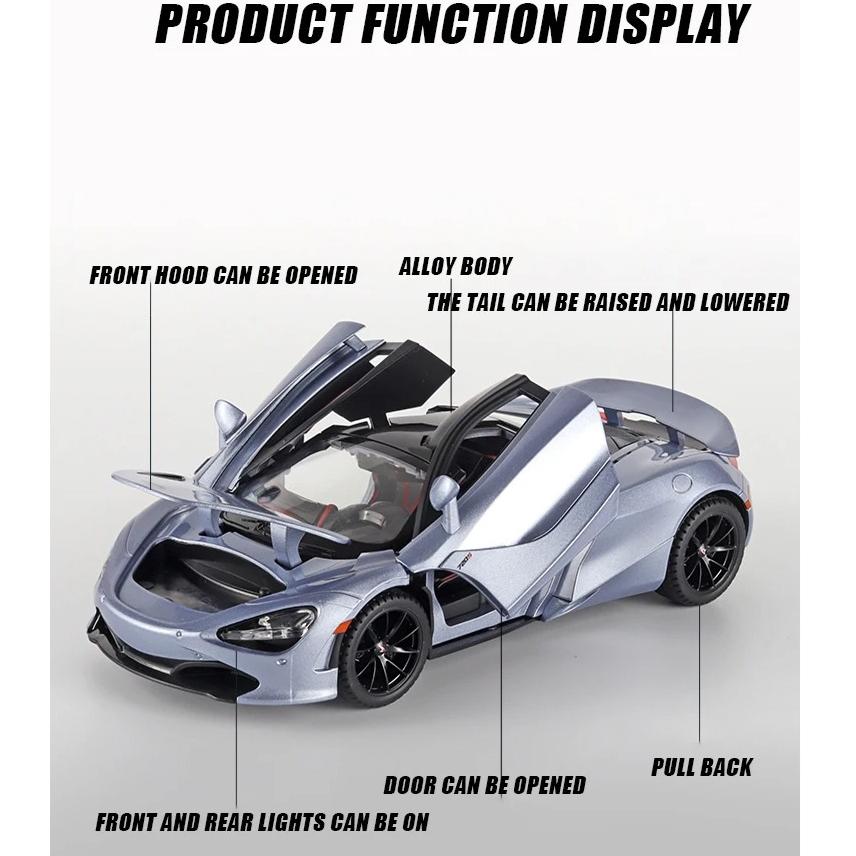 1/24 Scale McLaren 720S Metal Sports Car Alloy Model Car Diecast Vehicle Simulation Sound and Light Toy Ornaments Boys Children's Gift