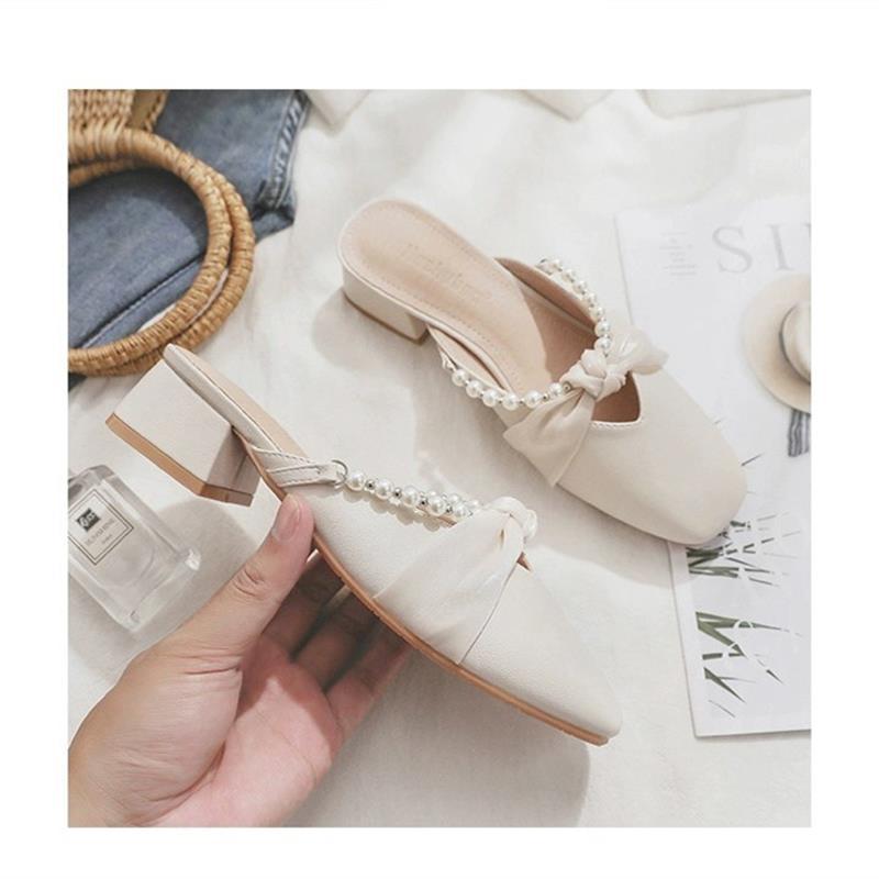 French Pearl Bowknot Women's Chunky Heel Slippers - 2025 Spring/Summer Collection