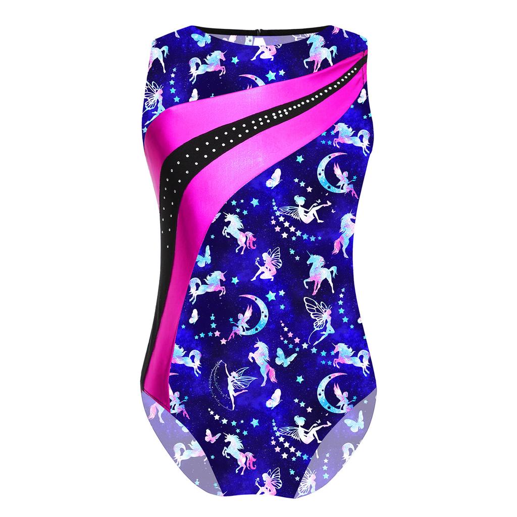 Kids Girls Sport Dance Leotard Sleeveless Keyhole Back Print Patchwork Athletic Bodysuit Teens Yoga Skating Gymnastics Jumpsuit