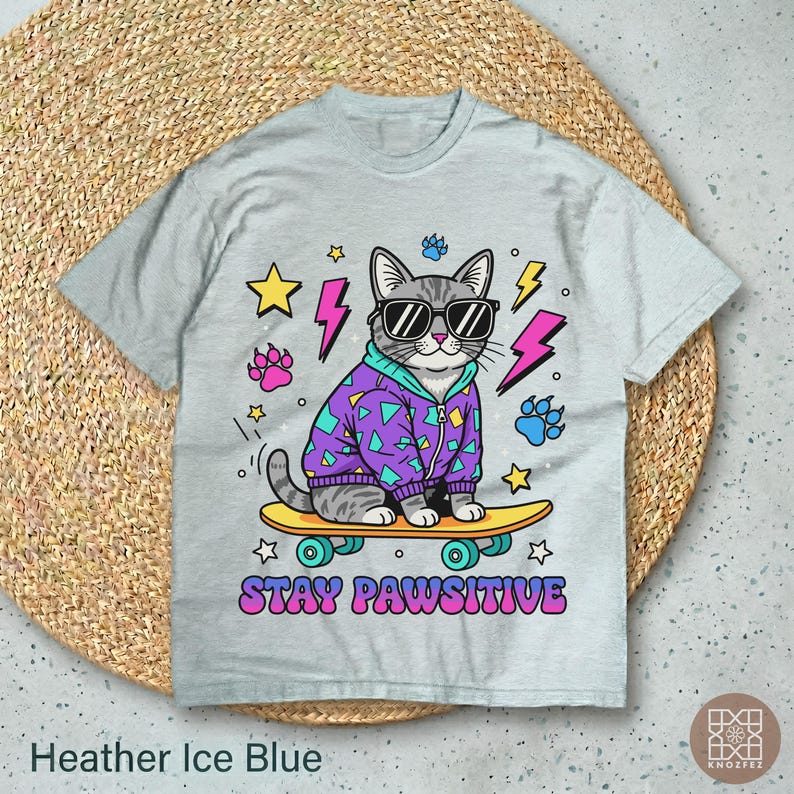 Stay Pawsitive Cat T-Shirt, Retro 90s Skateboard Cat Tee, Cute Sunglasses Kitten Rad Hoodie Graphic, Funny Cat Lover Gift 140