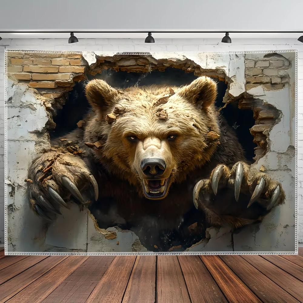 

3D Dynamic Bear Breaking Through Wall Tapestry Polyester Home Decor Living Room Wall Hanging Background Cloth Room Decoration 74x94cm(29x37in)