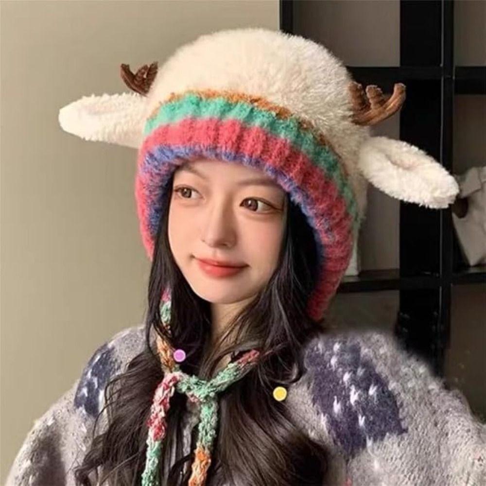 Windproof Knitted Deer Antler Hat Plush Fur Festival Christmas Antler Hat New Cycling Cap Outdoor