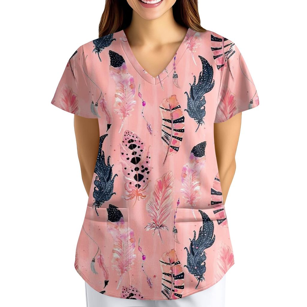 Nadměrná velikost Potištěný pracovní oděv Halenky pro dámský překřížený výstřih do V Potisk Krátký rukáv Zábavná trička Pracovní oděv Tričko s kapsami