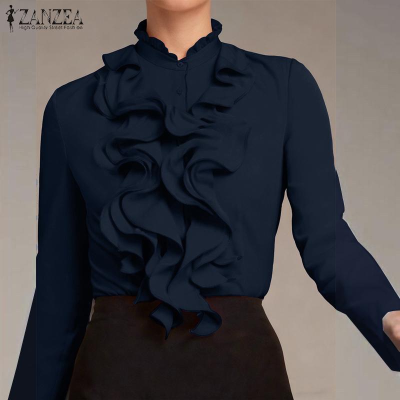 ZANZEA Elegant Ruffle Blouse Women Long Sleeve Button Down OL Shirts Casual Tops