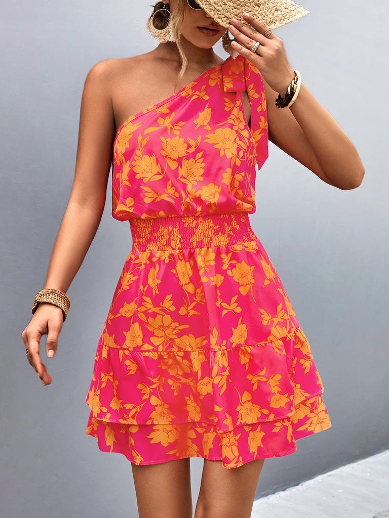 Women's Floral Print Mini Dress Summer One Shoulder Casual Sleeveless Streetwear