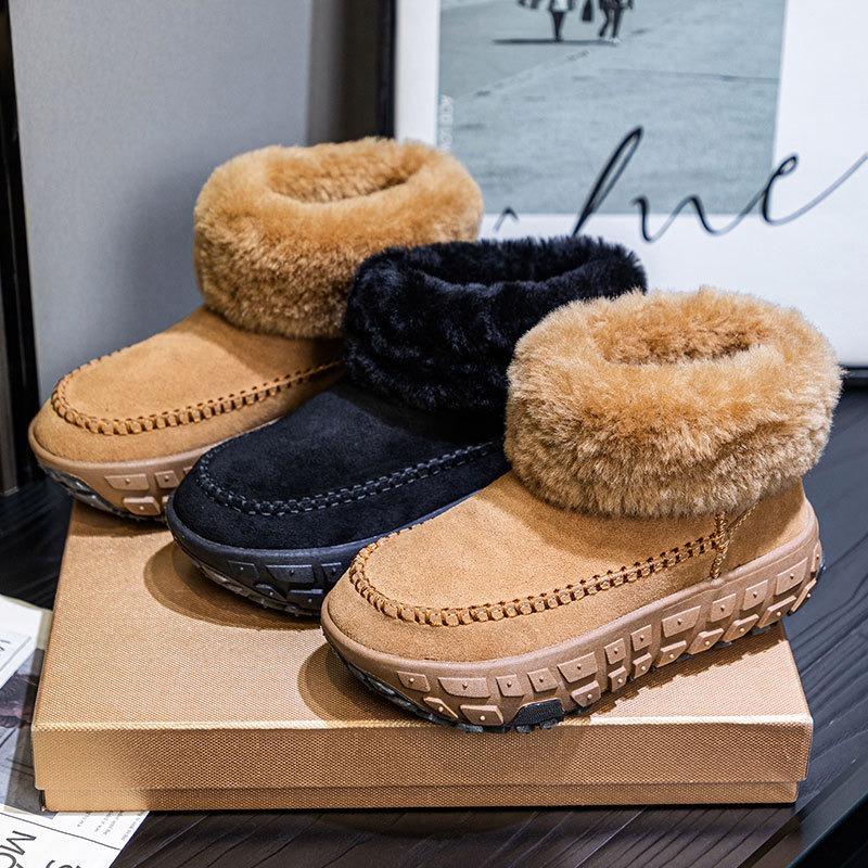 Tire sole leather inner height increase snow boots women's winter lightweight versatile real hair warm short cotton boots