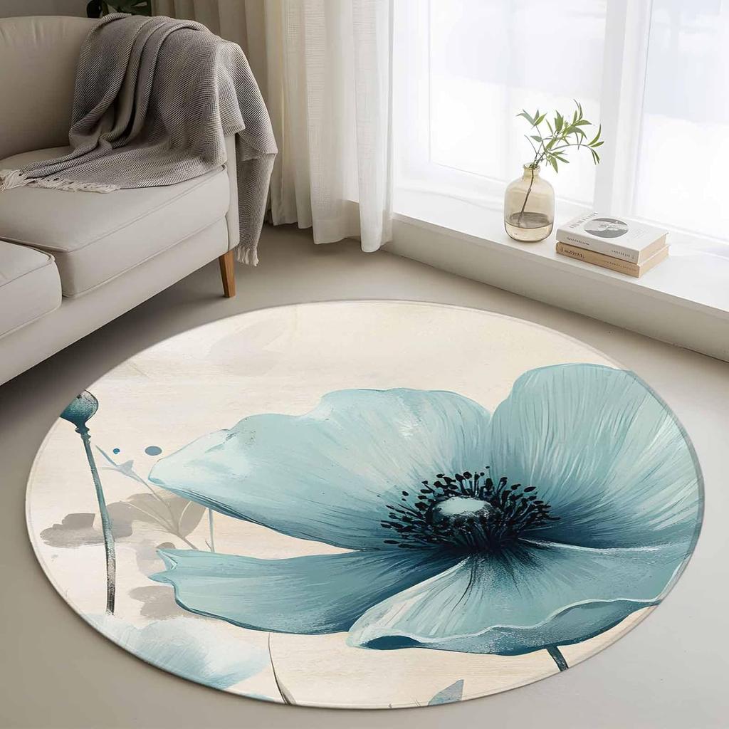 Rundteppich im rustikalen Stil mit Aquarellblumen, künstlerische botanische Heimdekormatte, saugfähiger, rutschfester Teppich für Wohnzimmer, Schlafzimmer
