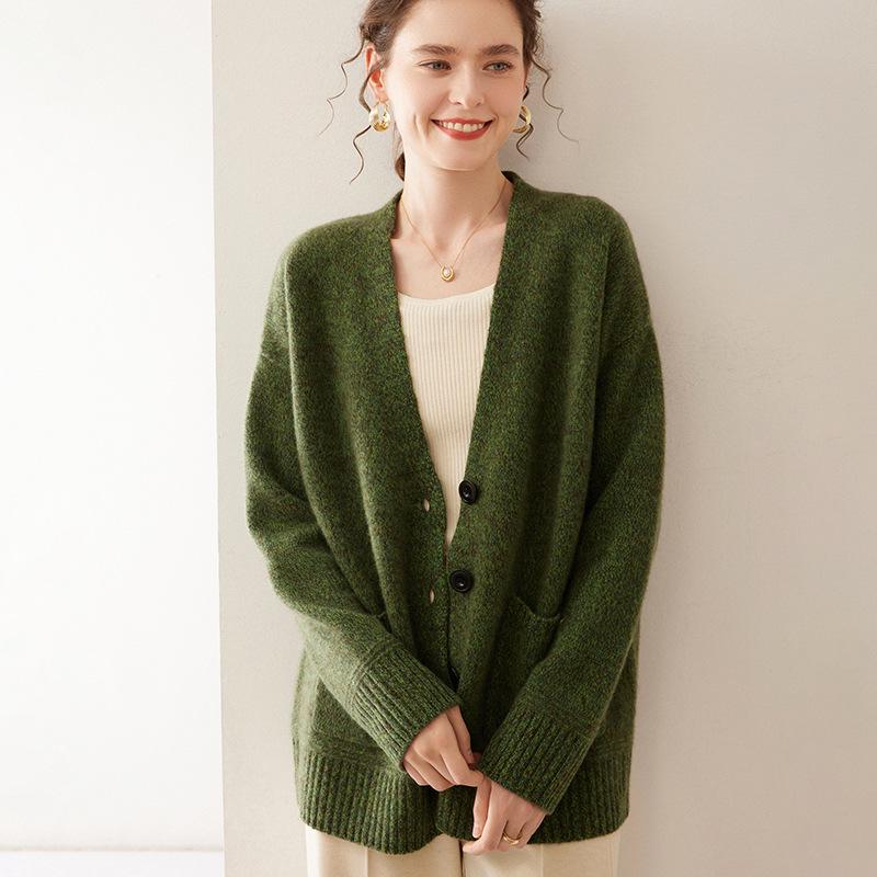 Women's V-Neck Cashmere Knit Cardigan - Autumn/Winter, Long Sleeve, Thick, Stylish & Versatile.