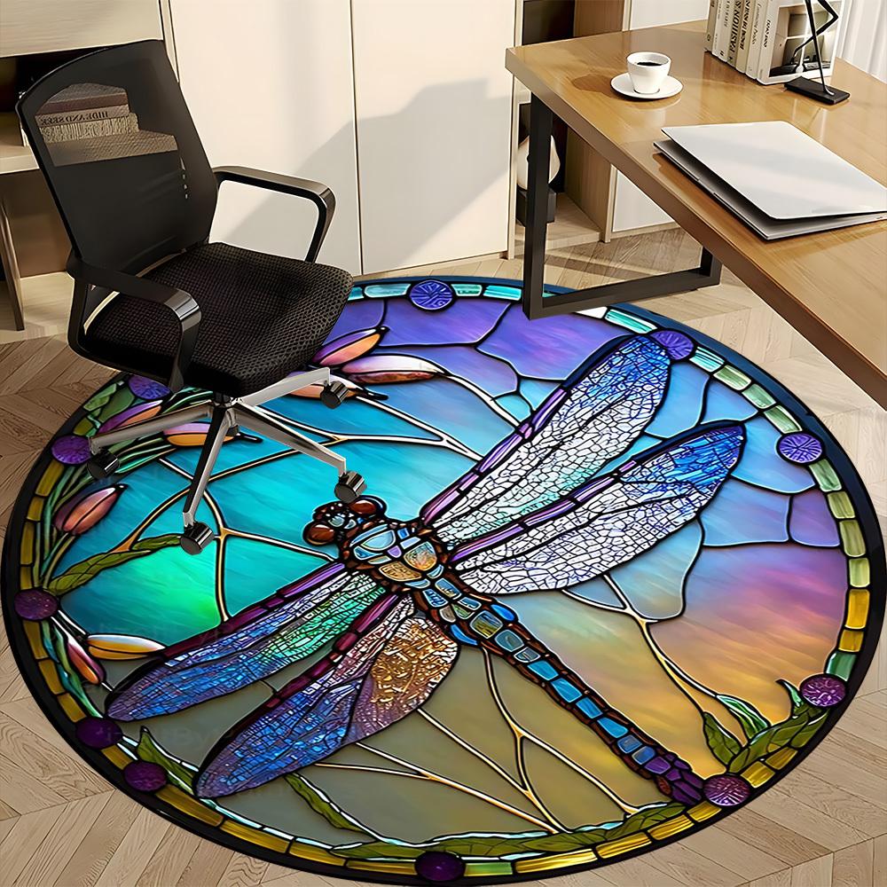 1PC Dragonfly StainedGlass Office Round Area Rug, Mat Suitable ForOffice, Under Office Chairs Bedroom Living Room Home Decor, Room Deco