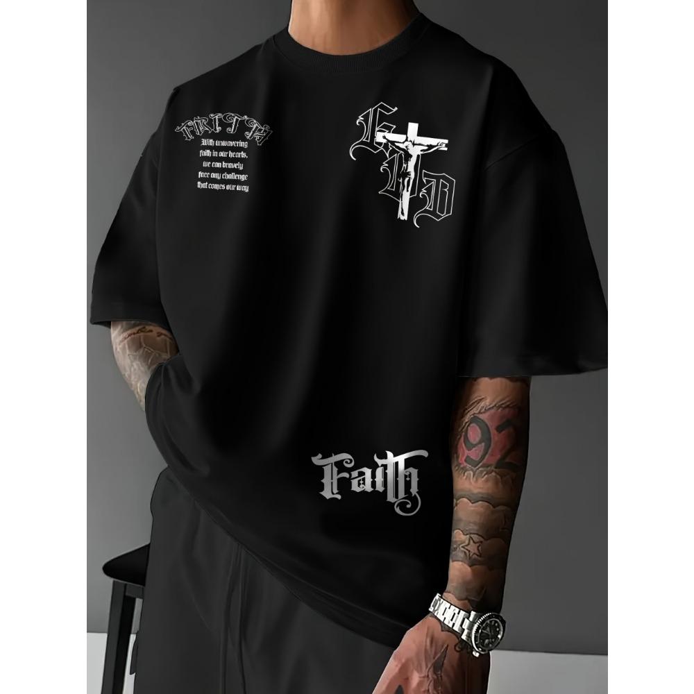 Summer Fashion Men's Gothic Letter Cross Print Round Neck T-shirt Outdoor Street Style Tees Top