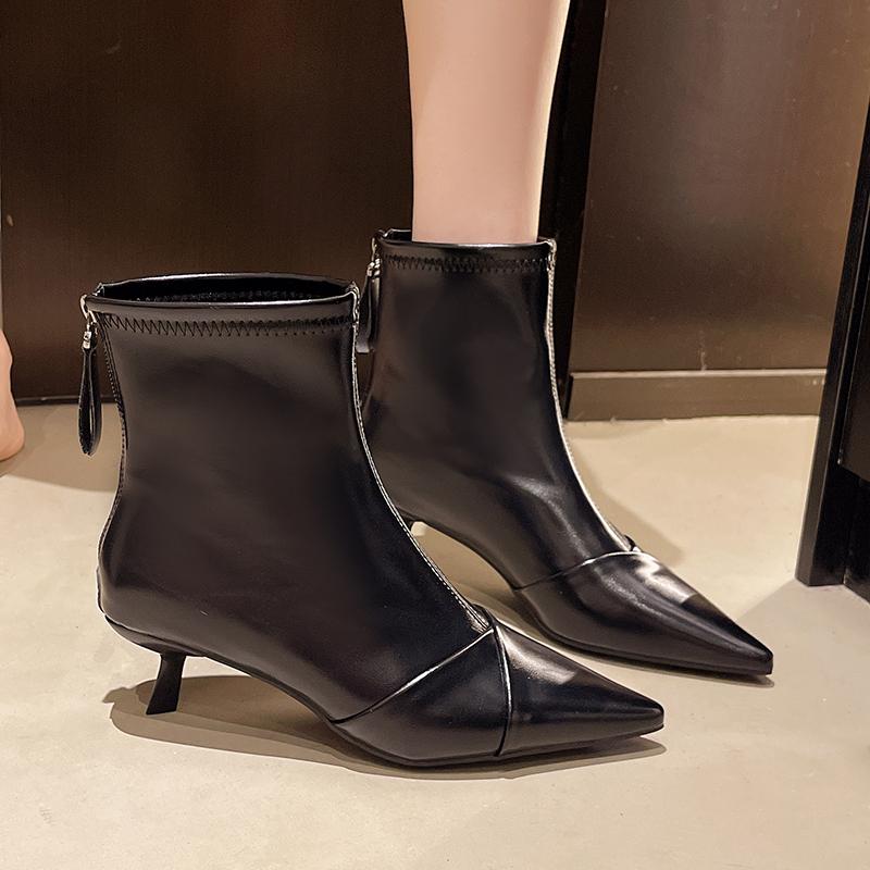 Fashion Small Heel Booties Autumn New Pointed Toe Rear Zipper Anti-Slip Wear-Resistant Cotton Boots