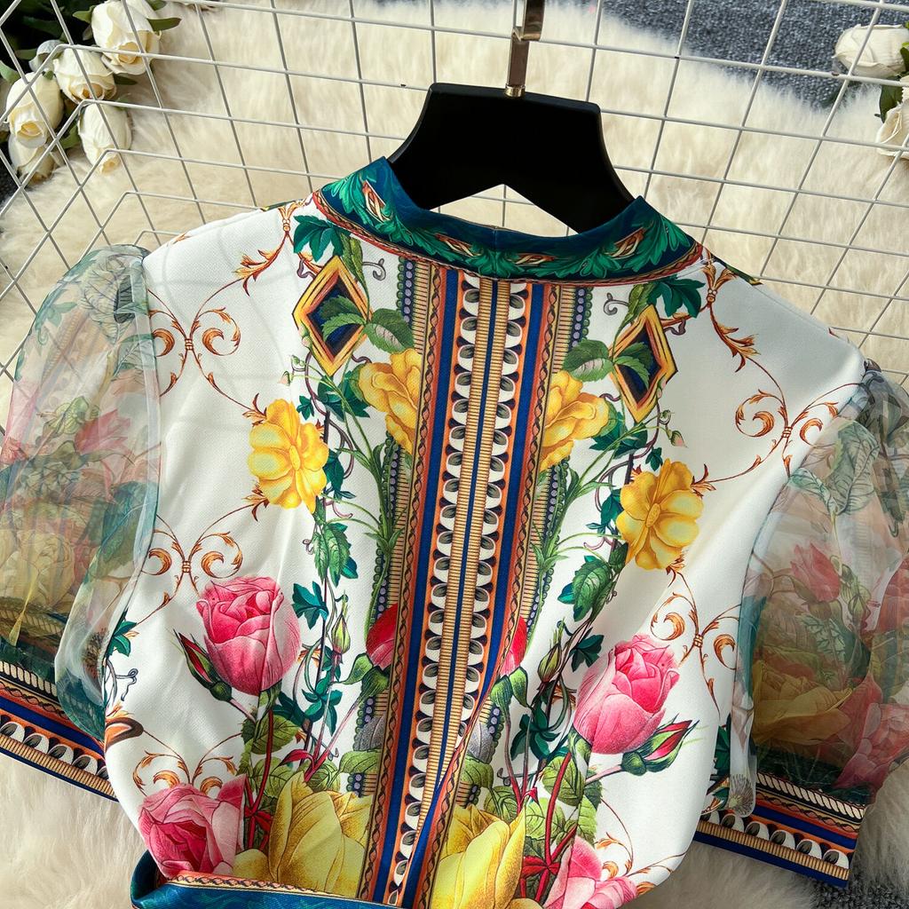 Elegant Retro Print Flower Long Dresses Women Summer Autumn Holiday Palace Style National Trench Belt V Neck Party Dress