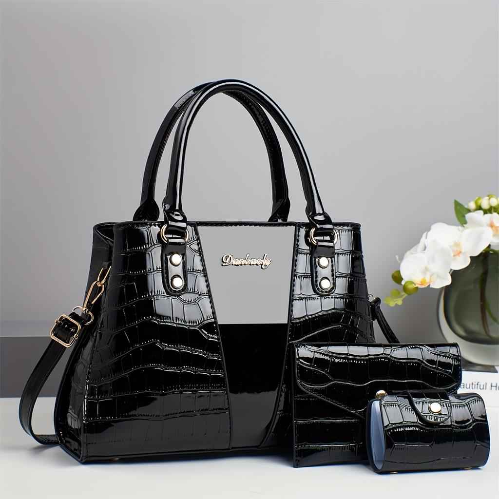 3pcs Women's Luxury Handbag Suitable for Weddings, Parties, - Detachable Strap & Zipper Closure, Shiny / Pattern Purses