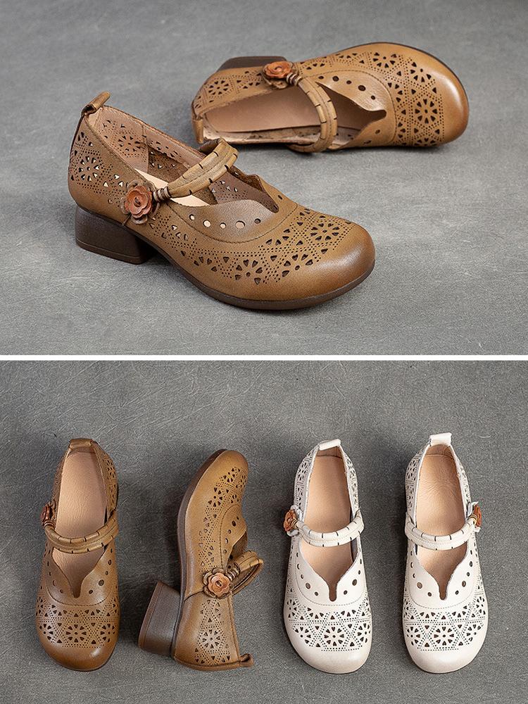 Hohle, atmungsaktive Damen-Sandalen, echtes Leder, Retro-Med-Heels, Pumps, bequeme Schuhe mit runder Zehenpartie